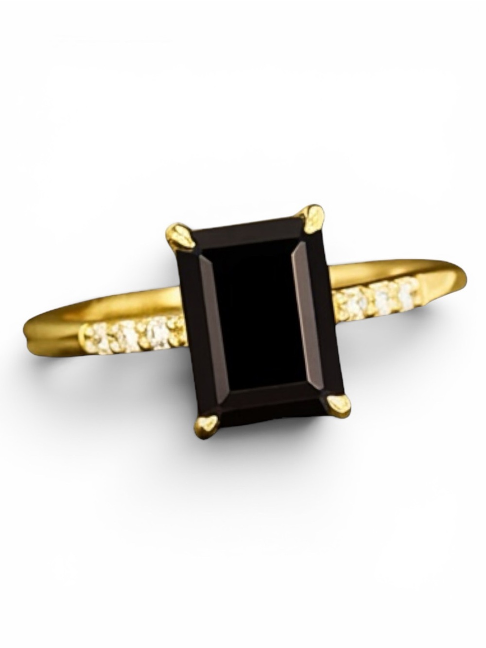 FAUX BLACK ONYX RING IN GOLD ACCENTED WITH CUBIC ZIRCONIA STONES ON EACH SIDE